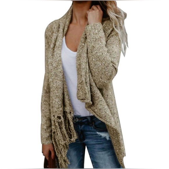 Ceasikery Sweaters - Chic Beige and Brown Cowl Neck Sweater with Fringe